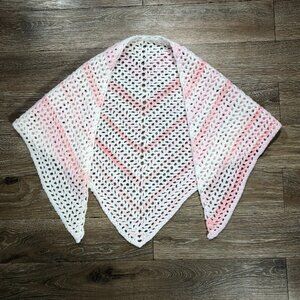 Vintage Handmade Knit Crochet Prayer Shawl Cottagecore Grandma Pink White Light